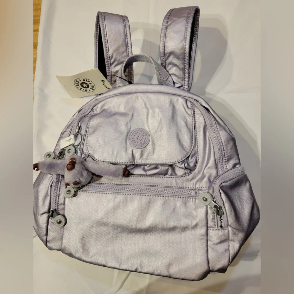 NWT Kipling MATTA Metallic Silver Backpack w/Keychain Gorpcore Indie Streetwear